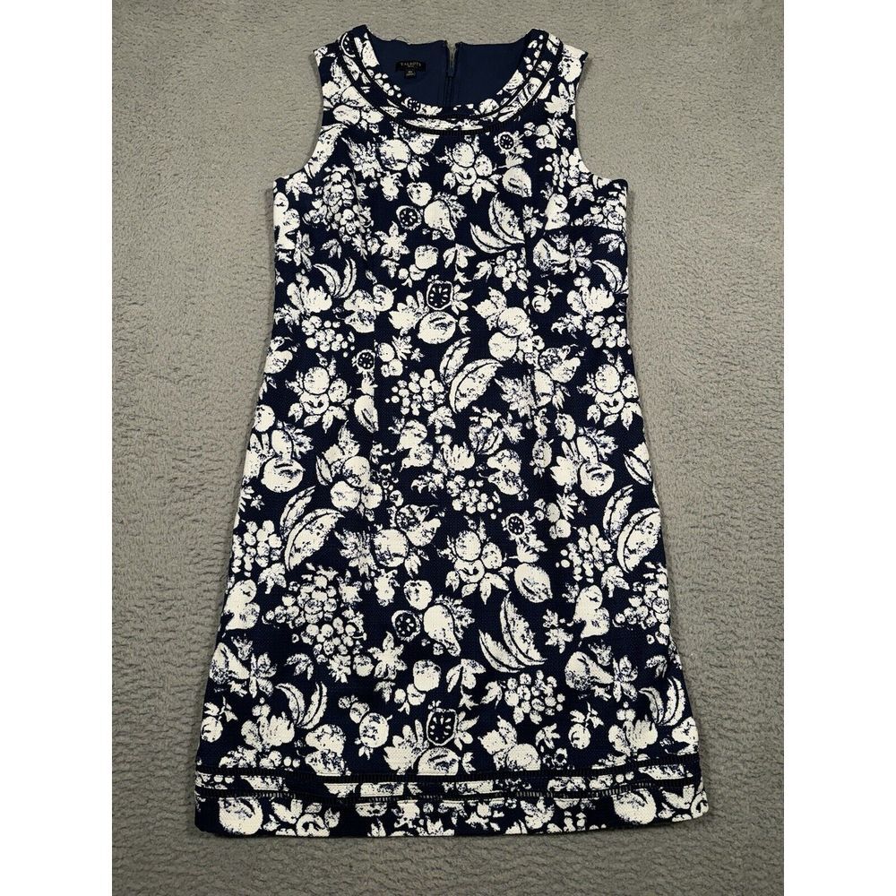 Talbots Dress Navy Blue White Fruit Sheath Sleeveless Textured Fabric 10P Petite